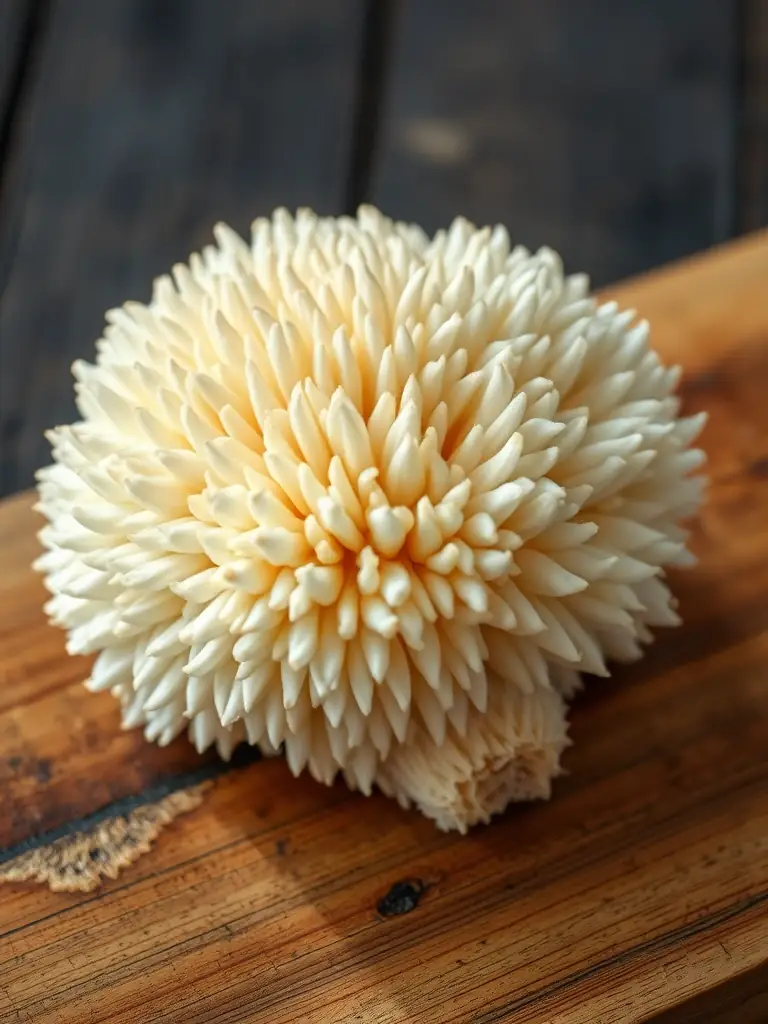 Close-up of a Lion's Mane mushroom, showcasing its unique, shaggy appearance and creamy white color, placed on a wooden cutting board to highlight its culinary and medicinal properties for the UK Mushroom Farm website.