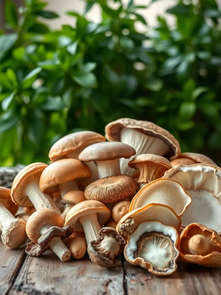 Image of a variety of gourmet mushrooms, including shiitake, oyster, and Lion's Mane, arranged in a basket, showcasing the diversity and quality of the Gourmet Fungi collection offered by UK Mushroom Farm.